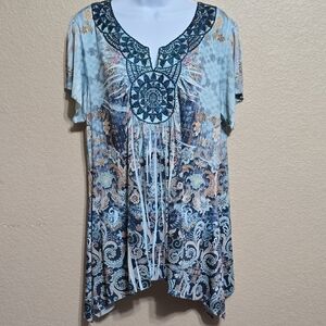 Elegant Blue Patterned Tunic Top